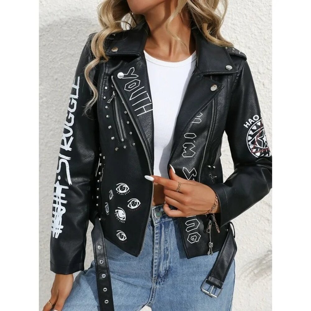 BLUE B Black Vegan Leather Graffiti Punk Moto Jacket w/Studded Accents Size S - Picture 3 of 13